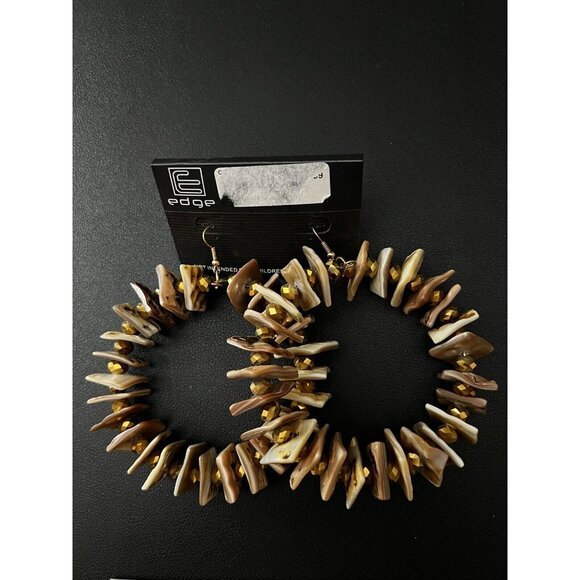 Edge Jumbo Flat Brown Squares Gold HOOP Dangle Drop Earrings - Picture 7 of 7